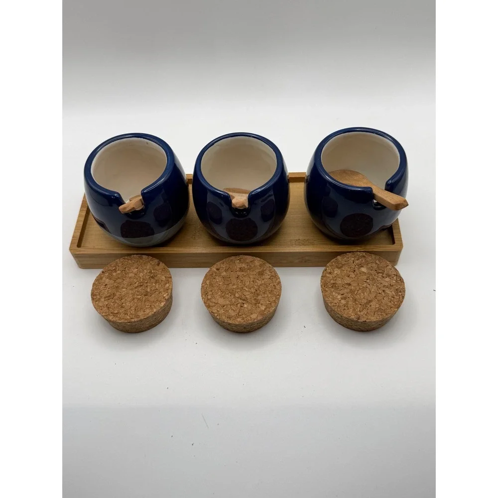 Blue Ceramic Condiment Jar Set with‎ Cork Lids Wooden Spoons and Bamboo Tray NEW